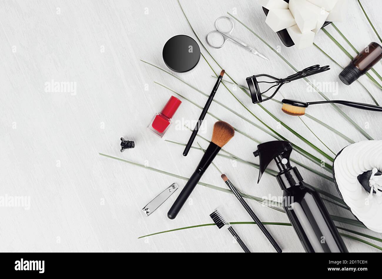 Spring stylish glossy black cosmetic products, mackup accessories with