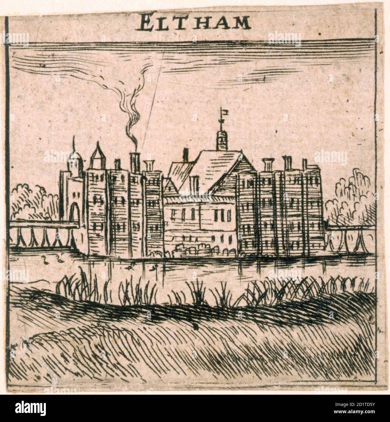 ELTHAM PALACE, London. A view, said to be by Peter Stent, of Eltham Palace just before the major demolitions in the 1650s. The queen's apartments are to the left and the king's to the right. Stock Photo