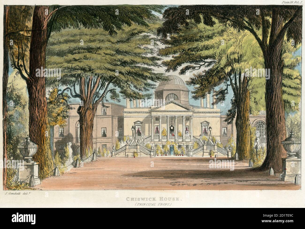 CHISWICK HOUSE, Burlington Lane, Hounslow, London. 'Principal front'. Aquatint colour engraving dated 1823. MAYSON BEETON COLLECTION Stock Photo