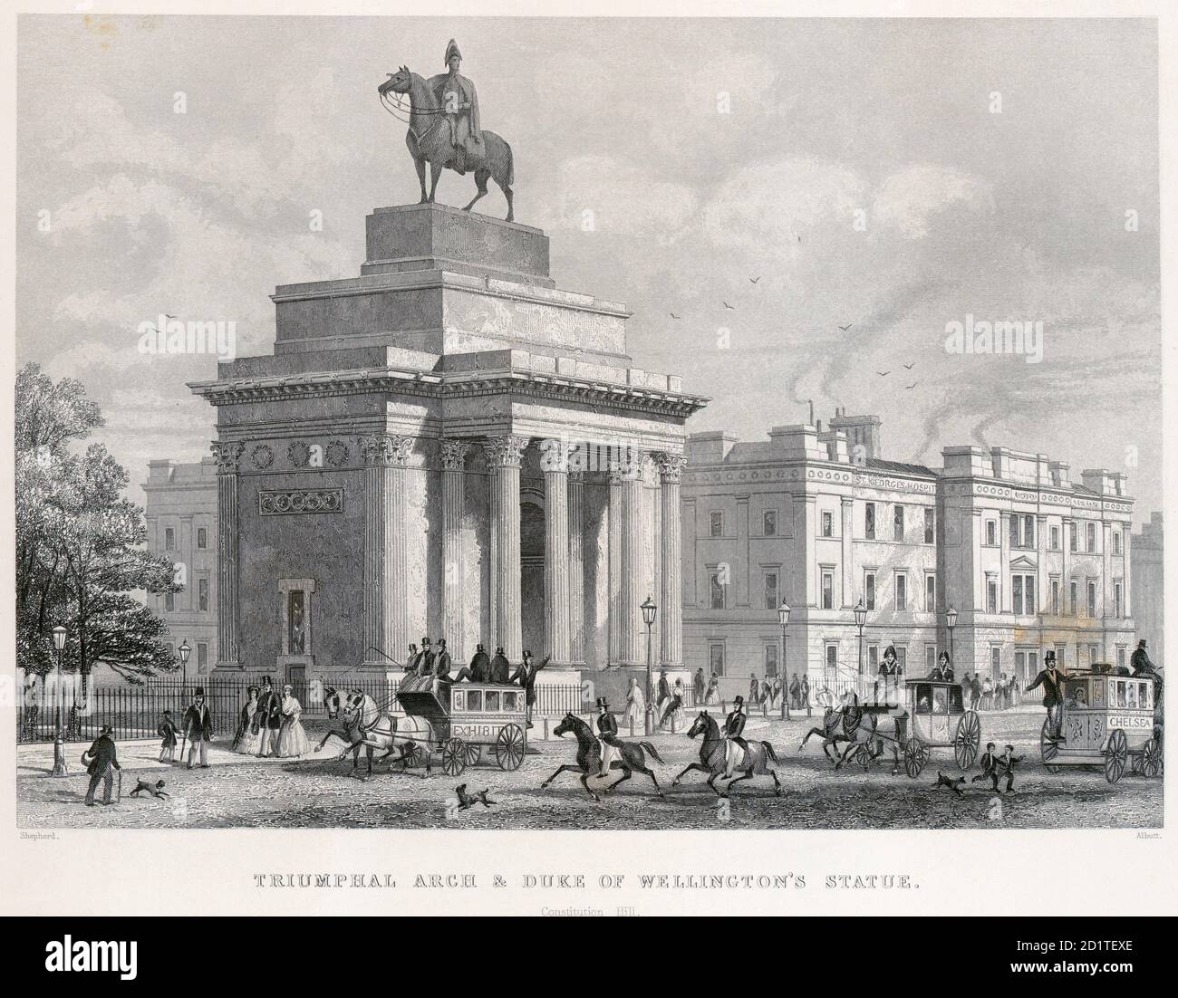 APSLEY HOUSE and WELLINGTON ARCH, Piccadilly, Hyde Park Corner, Westminster, London.  'Triumphal Arch and Duke of Wellington's Statue' by T H Shepherd. Published in Shepherd's 'The history of mighty London and its environs' in 1855. Engraving dated 1850. From the Mayson Beeton Collection. Stock Photo
