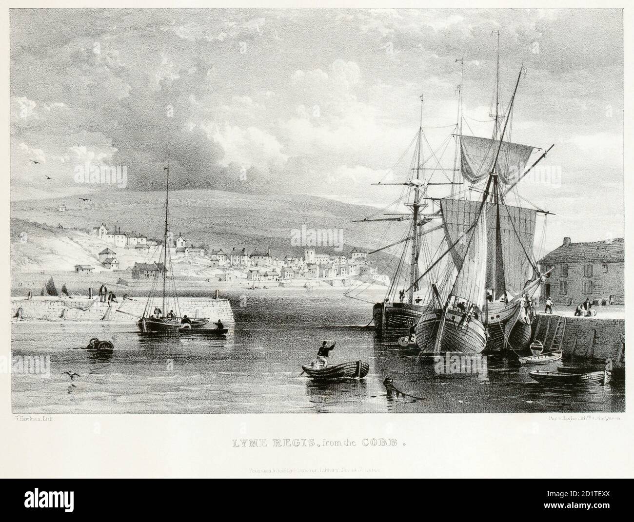MAYSON BEETON COLLECTION. Lyme Regis, Dorset. 'Lyme Regis from the Cobb' showing small boats and fishing vessels with the town beyond. Engraving dated 1835. Stock Photo