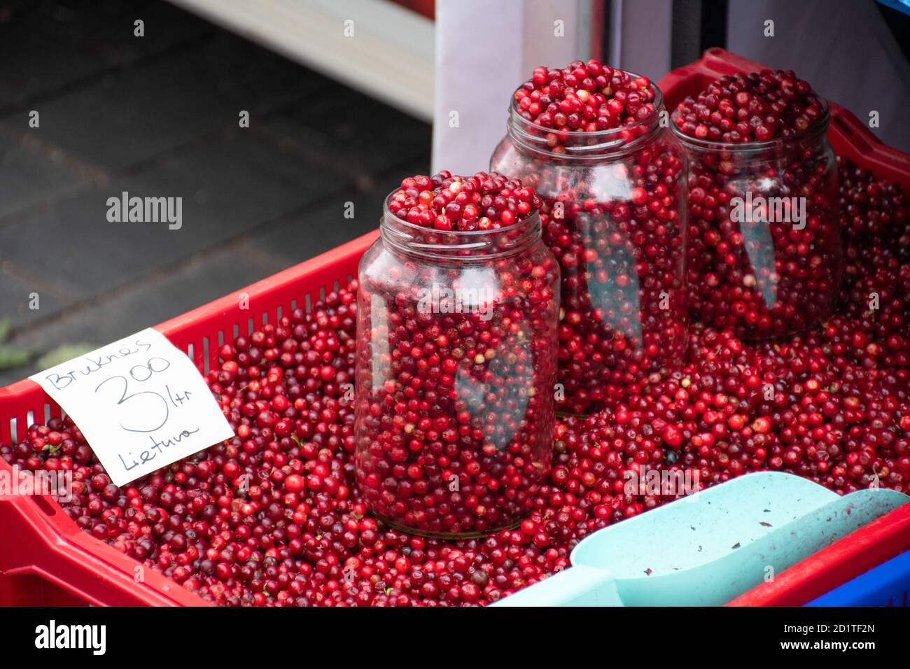 Red fresh healthy cranberries and lingonberries in a street food market ready to sell and eat, with glass jars Stock Photo