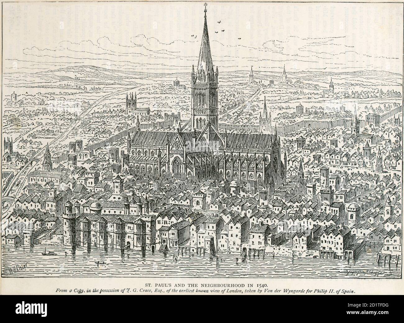 ST PAUL'S CATHEDRAL, St Paul's Churchyard, City of London. London in 1540 showing the Old cathedral before the fire of 1666. Engraving of 1883 taken from an early painting by Wyngarde made for Philip II of Spain. W H Prior delin. From 'Old and New London' Vol I by Walter Thornbury 1883-5. From the Mayson Beeton Collection. Stock Photo