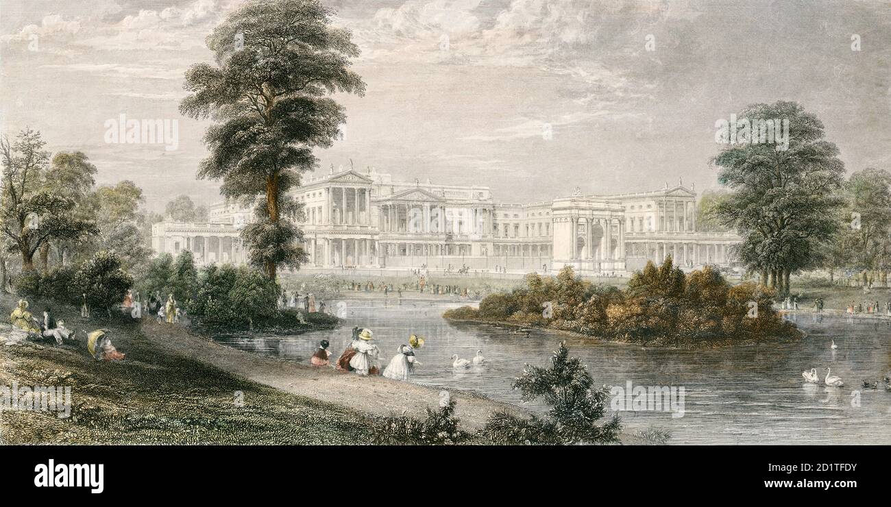 BUCKINGHAM PALACE, Buckingham Palace Road, City of Westminster, London. Coloured engraving dated 1835. Thomas Higham drawn and engraved. From the Mayson Beeton Collection. Stock Photo
