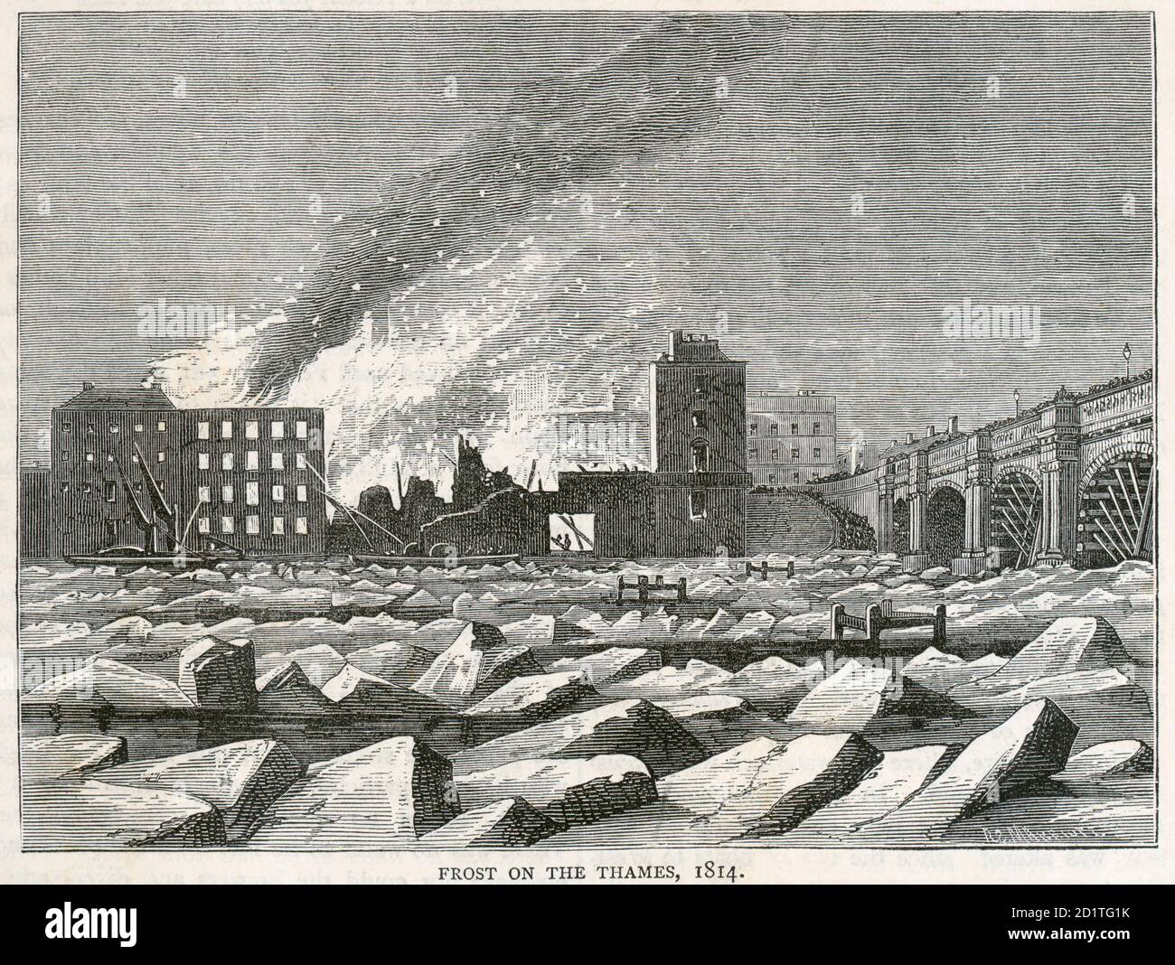 RIVER THAMES, London. Frost on the Thames, 1814 showing a fire at Albion Place. Woodcut engraving. From the Mayson Beeton Collection. Stock Photo