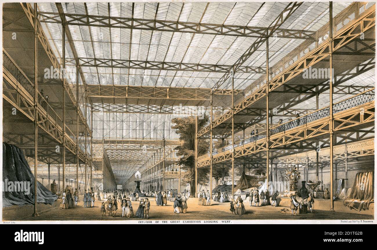 GREAT EXHIBITION OF 1851, Hyde Park, Westminster, London. Crystal Palace. Interior of the Great Exhibition looking West. Durond lith in black and tints. From the Mayson Beeton Collection. Stock Photo