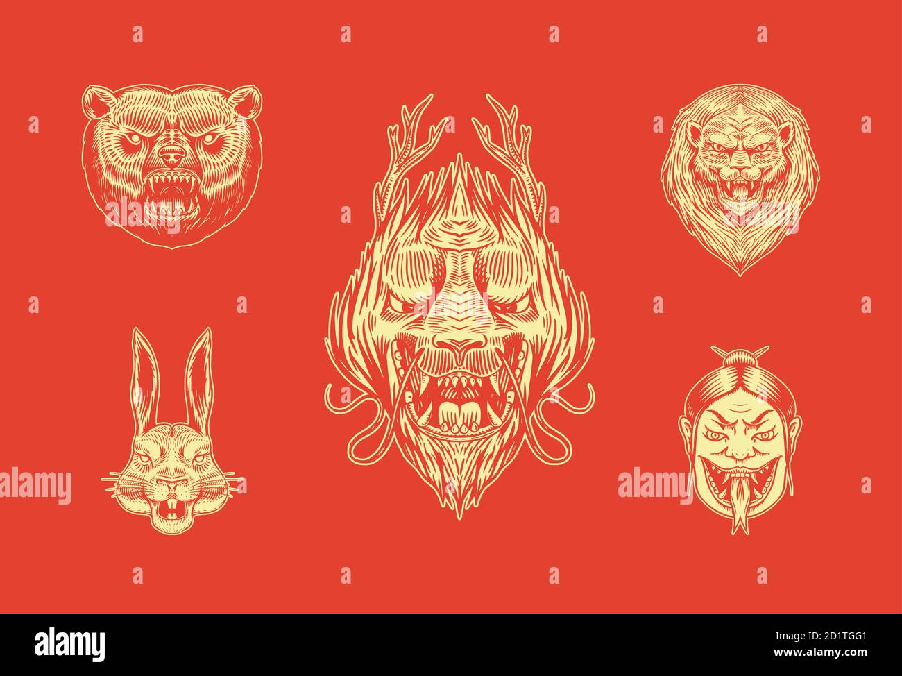 Grizzly bear, lion and Hare. Screaming mad Leo and rabbit. Chinese dragon. Japanese woman snake. Animal for tattoo or label. Roaring beast. Engraved Stock Vector