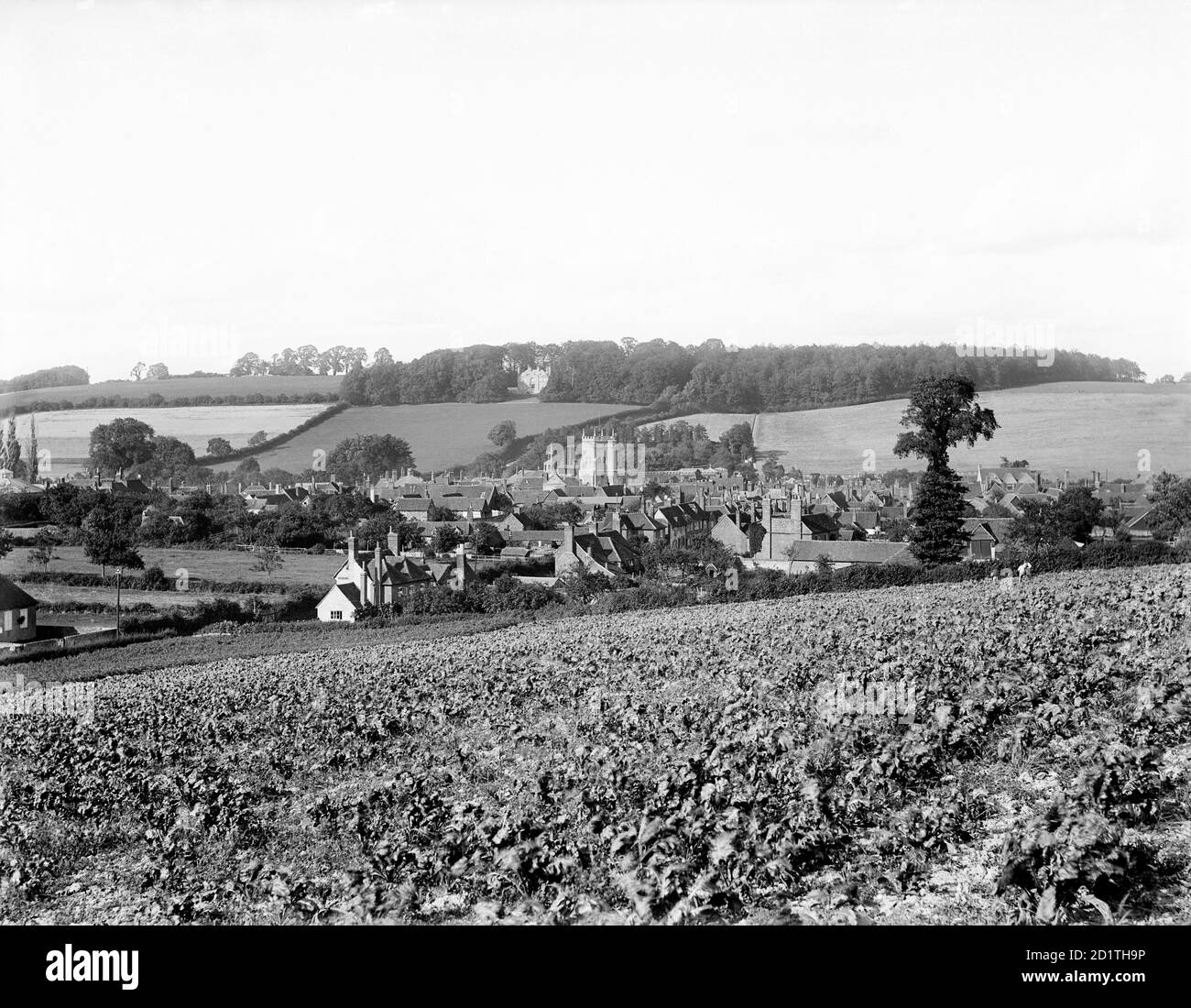 AMERSHAM, Buckinghamshire. A view of the town, lying in the valley of the Misbourne, showing the tower of St Mary's Church. In 1892, the railway arrived and the town buildings spread towards the new station on the hill. Photographed by Henry Taunt (active 1860-1922). Stock Photo