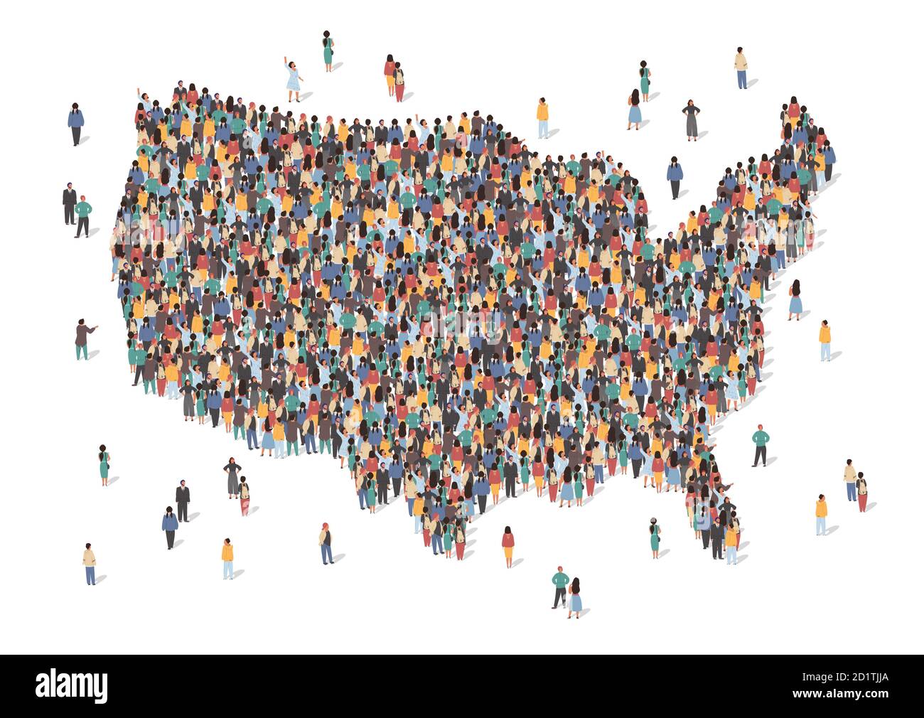 USA map made of many people, large crowd shape. Group of people stay in us country map formation. Immigration, election, multicultural diversity Stock Vector