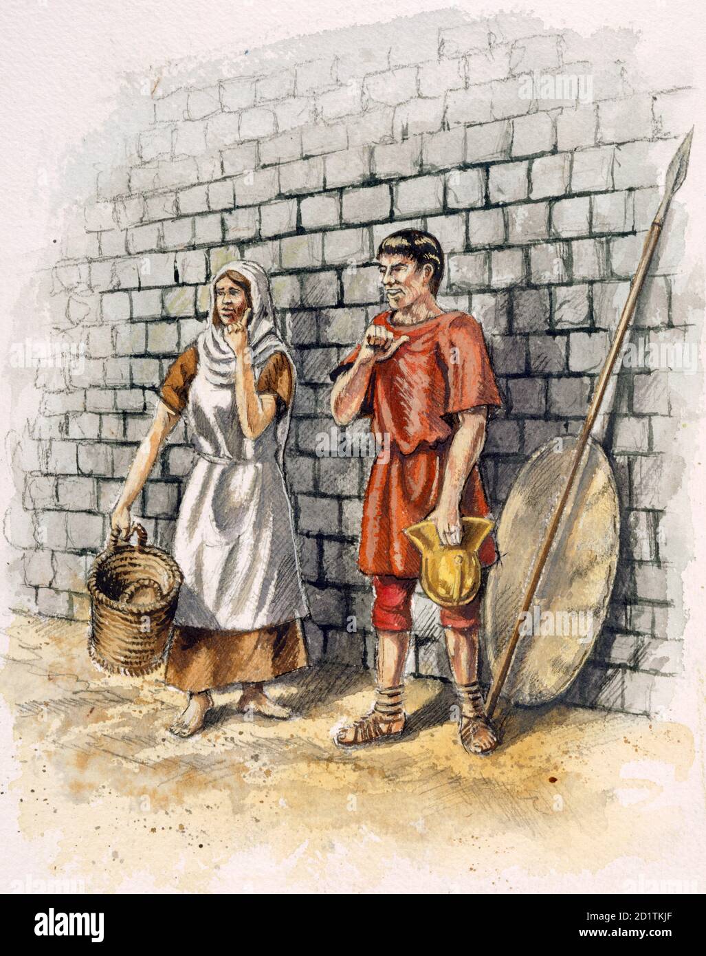 OLD SARUM, Wiltshire. Reconstruction drawing by Peter Dunn (English Heritage Graphics Team) of a Roman man and woman. Stock Photo