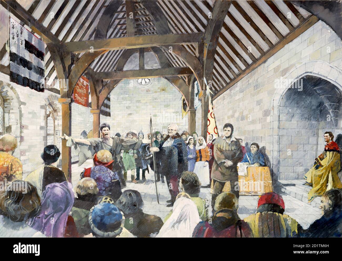 PICKERING CASTLE, North Yorkshire. Interior reconstruction drawing by Ivan Lapper of the New Hall in use as a court room. Presidential chair on right. Stock Photo