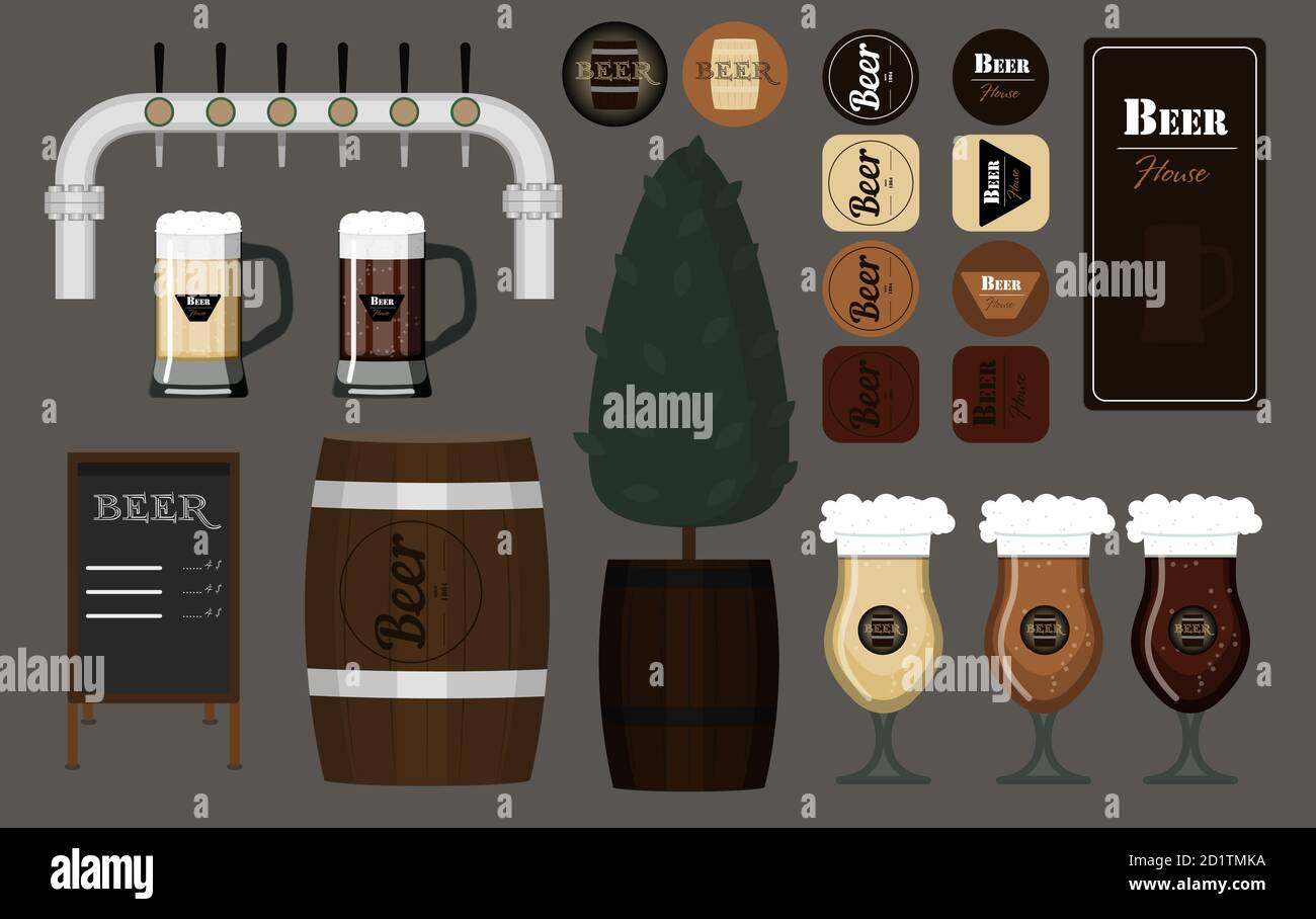 A set of glasses, mugs and barrels of beer. Vector illustration of beer coasters under the glasses menu for beer bar tap for beer and wooden barrels. Items for the interior of the bar. Flat vector images of glass glasses with different varieties of light and dark beer. Logos and objects isolated on a gray background Stock Vector