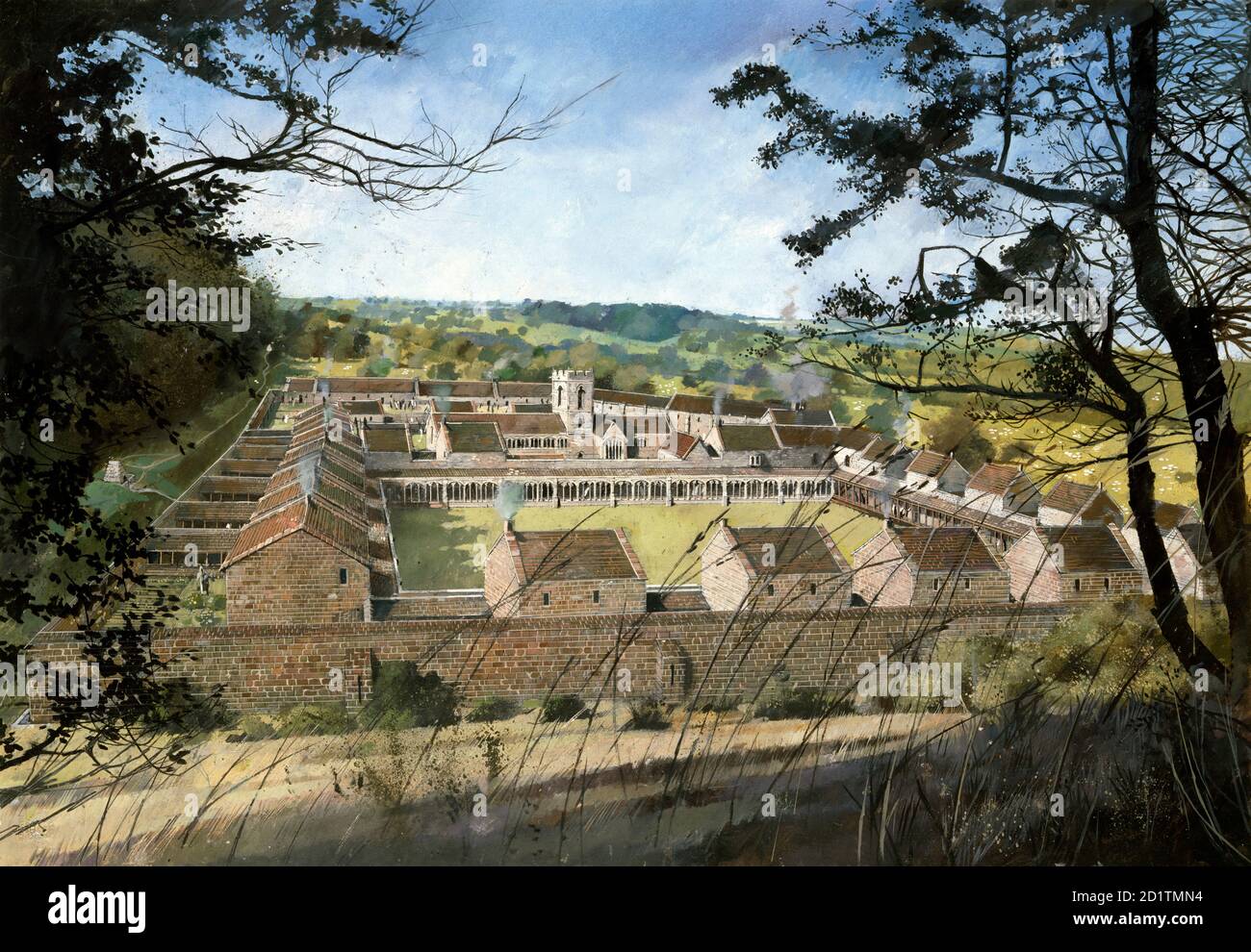 MOUNT GRACE PRIORY. North Yorkshire. Reconstruction drawing by Ivan Lapper. General view of the priory before dissolution. Stock Photo