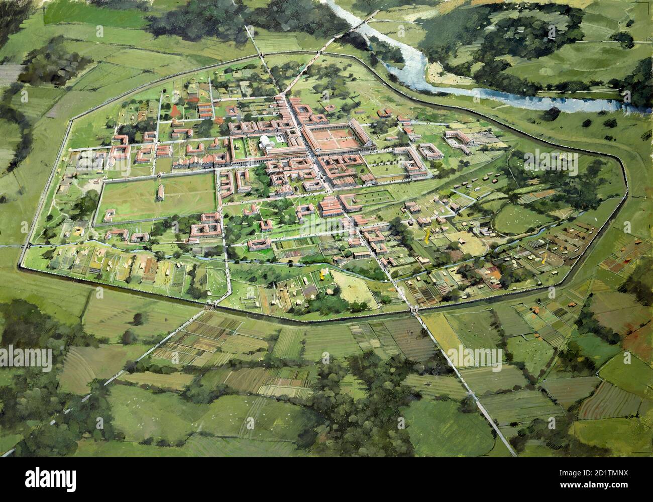 WROXETER ROMAN CITY, Shropshire. Aerial reconstruction drawing of the city as it may have appeared in early 3rd century by Ivan Lapper. Stock Photo