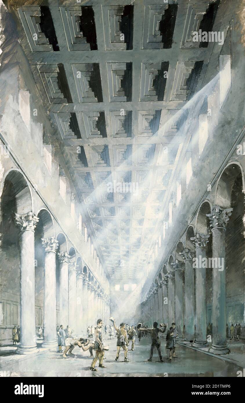 WROXETER ROMAN CITY, Shropshire. Reconstruction drawing of interior of exercise hall or basilica by Ivan Lapper. Stock Photo
