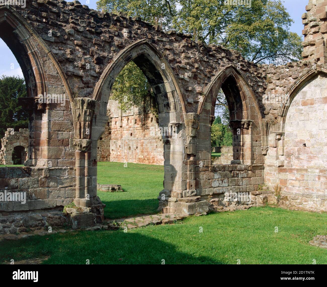 CROXDEN ABBEY, Staffordshire. View of the door of the chapter house leading to the cloister. Stock Photo