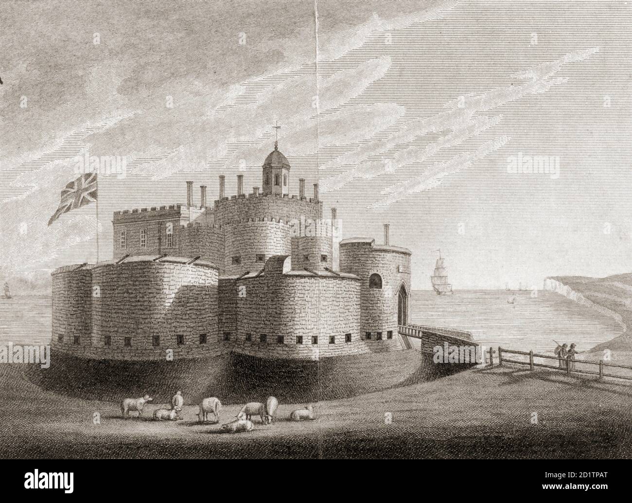 WALMER CASTLE, Kent. Queen Mother's picture collection. Engraving of Deal Castle. Stock Photo