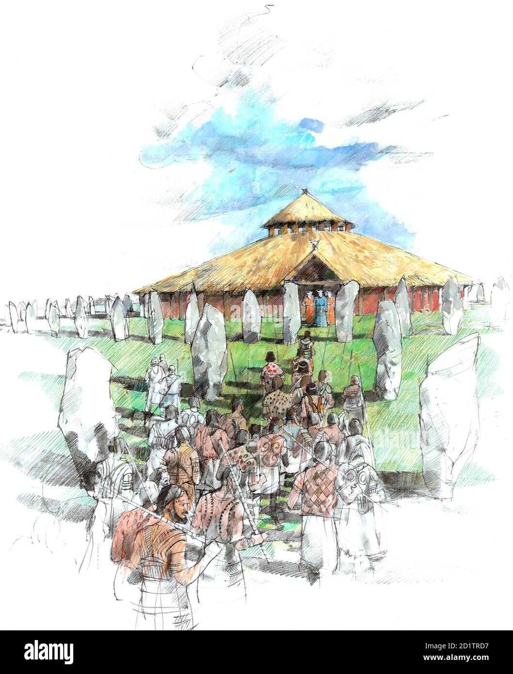 AVEBURY STONE CIRCLE, Wiltshire. Ceremonial procession to the shrine. Reconstruction drawing by Ivan Lapper. Stock Photo