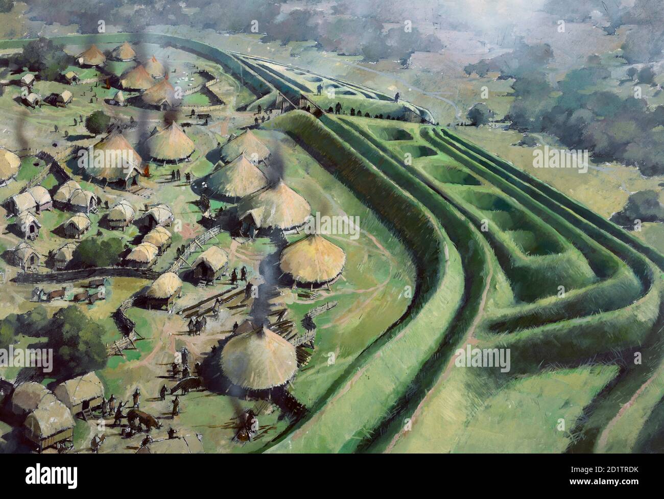 OLD OSWESTRY HILL FORT, Shropshire. Aerial view reconstruction drawing by Ivan Lapper of the entrance to the fort during the Iron Age. Stock Photo
