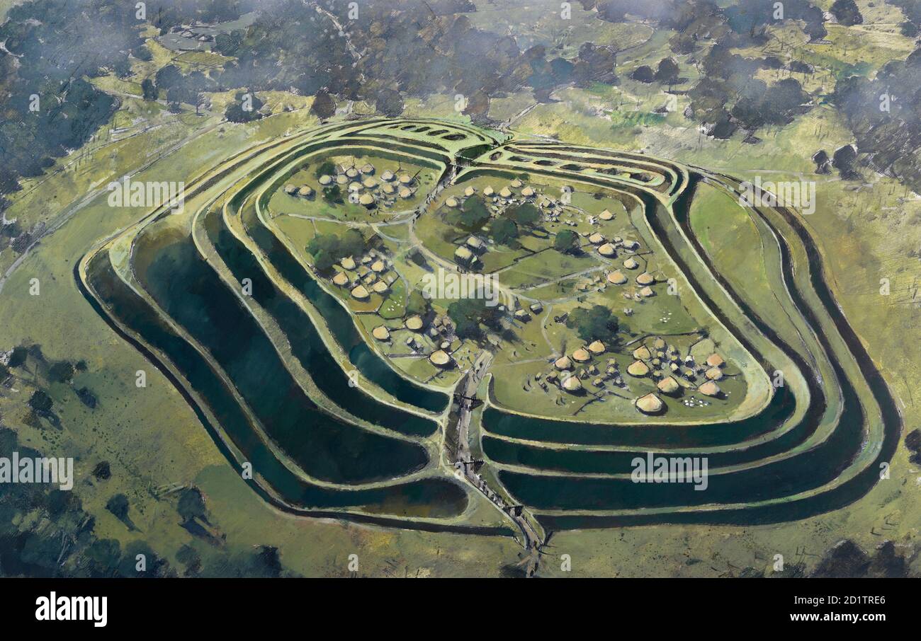 OLD OSWESTRY HILL FORT, Shropshire. Aerial view reconstruction drawing by Ivan Lapper of the fort in the Iron Age at the height of its occupation. Stock Photo