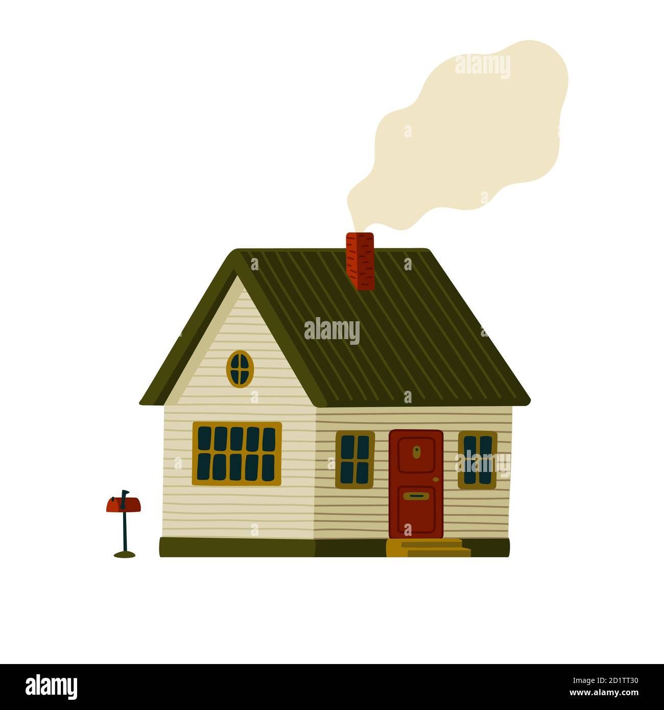 Red house. Wooden Barn house in rustic style on green island Stock Vector