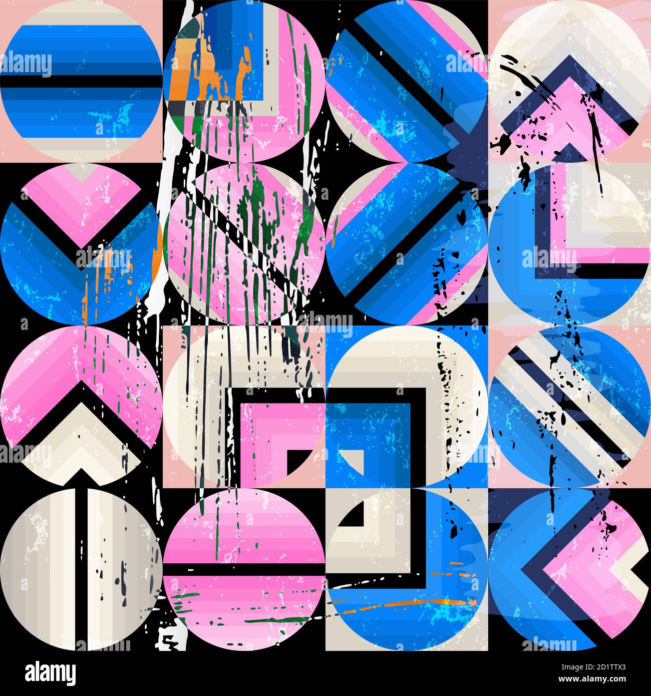 abstract geometric background pattern, with circles, squares, paint strokes and splashes Stock Vector