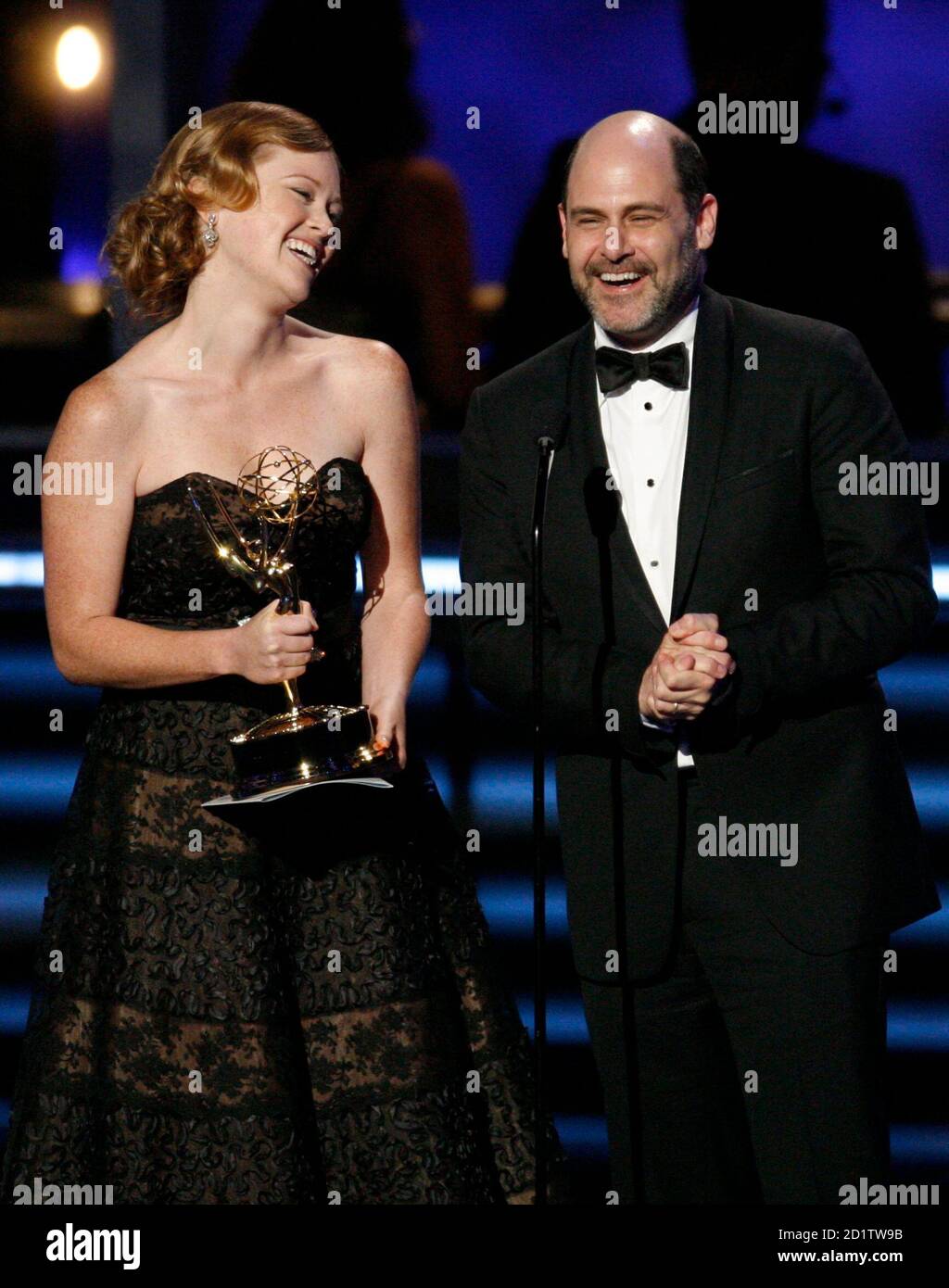 Writers Kater Gordon and Matthew Weiner accept the award outstanding writing a drama series for "Mad Men" at the 61st annual Primetime Emmy Awards in Los Angeles, California September 20,