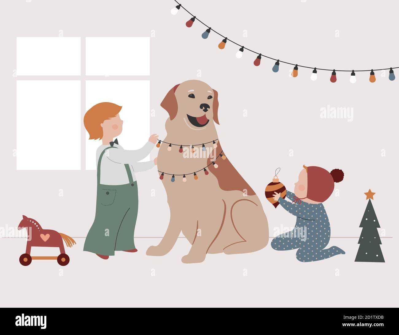 Vintage style cute Scandinavian winter kids. Boy and baby decorating a dog as a Christmas tree. Retro concept design. Vector illustration  Stock Vector