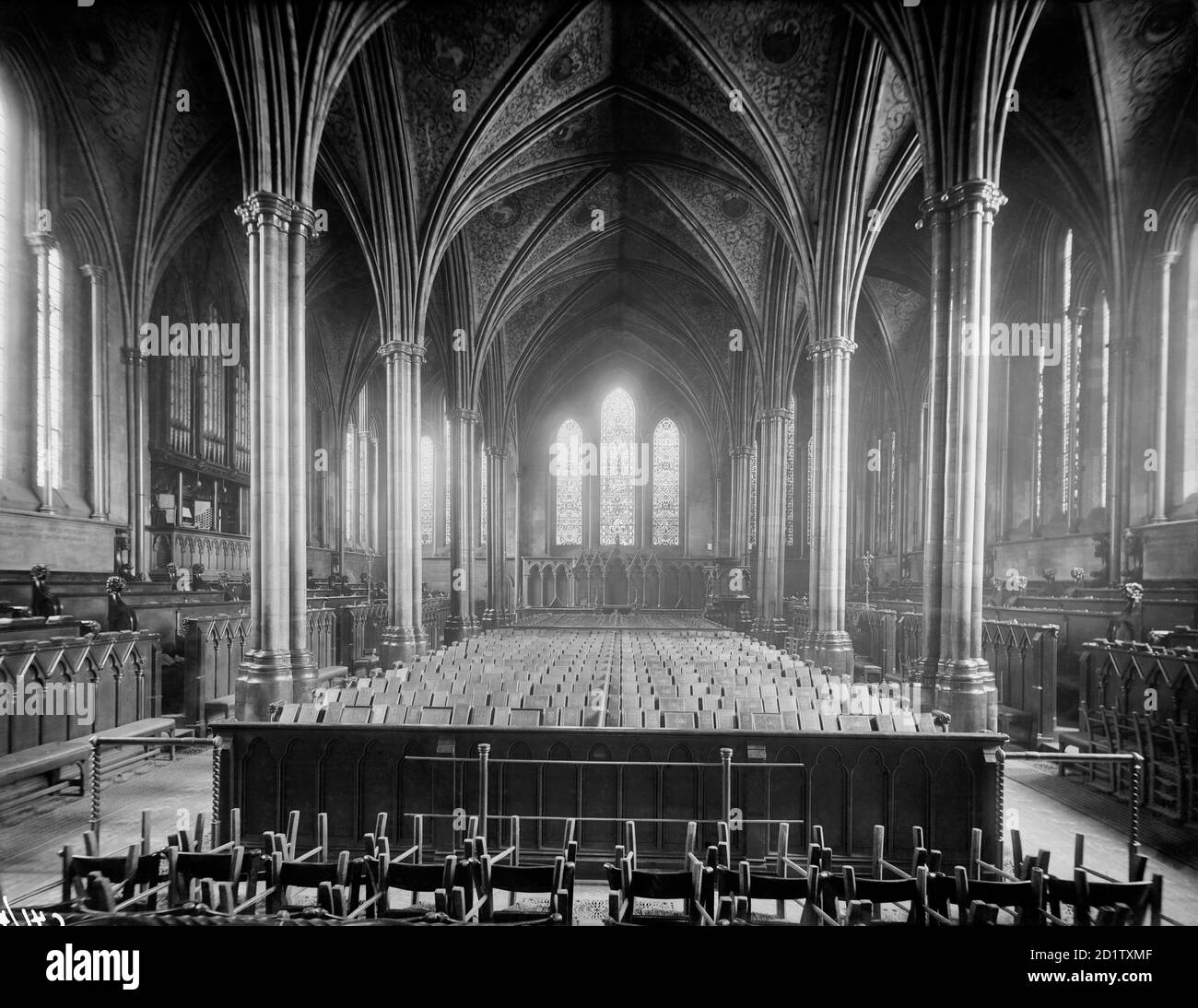 TEMPLE CHURCH, Temple, City of London. Interior view looking east down the nave, showing the beautiful vaulted ceiling and stained glass windows. Photographed by Henry Taunt between 1860 - 1922. Stock Photo