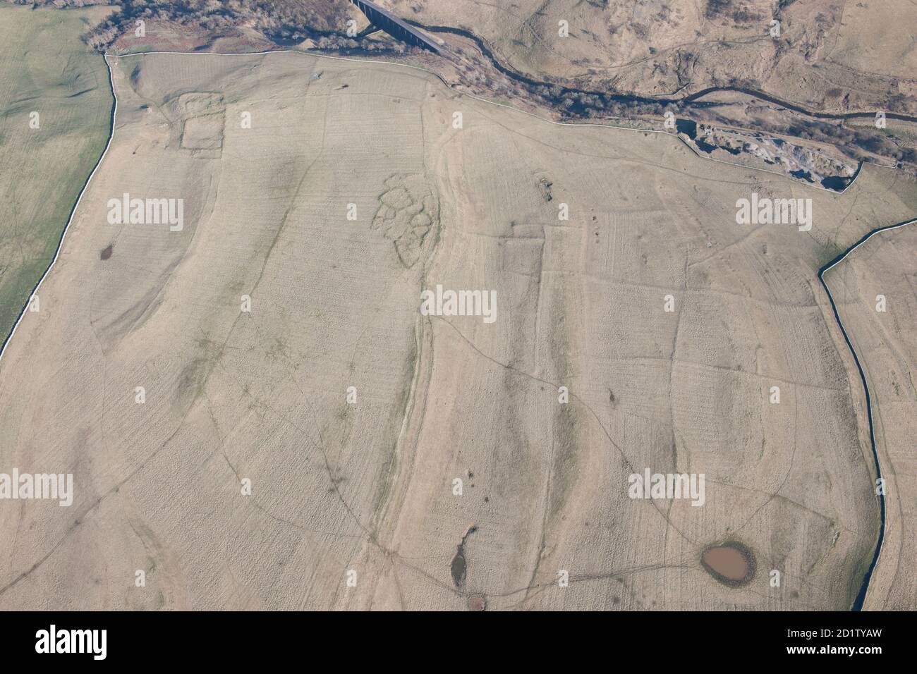 Two Romano British enclosed settlement earthwork and an aggregate field system at Intake, Crosby Garrett Fell, Cumbria, 2014, UK. Aerial view. Stock Photo