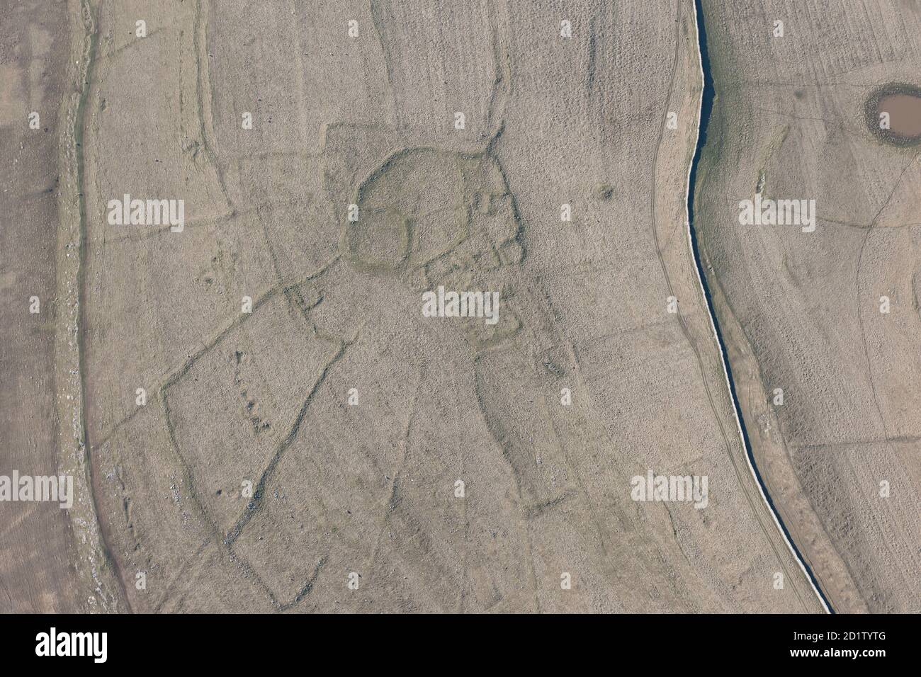 A Romano British enclosed settlement earthwork and an aggregate field system at Intake, Crosby Garrett Fell, Cumbria, 2014, UK. Aerial view. Stock Photo