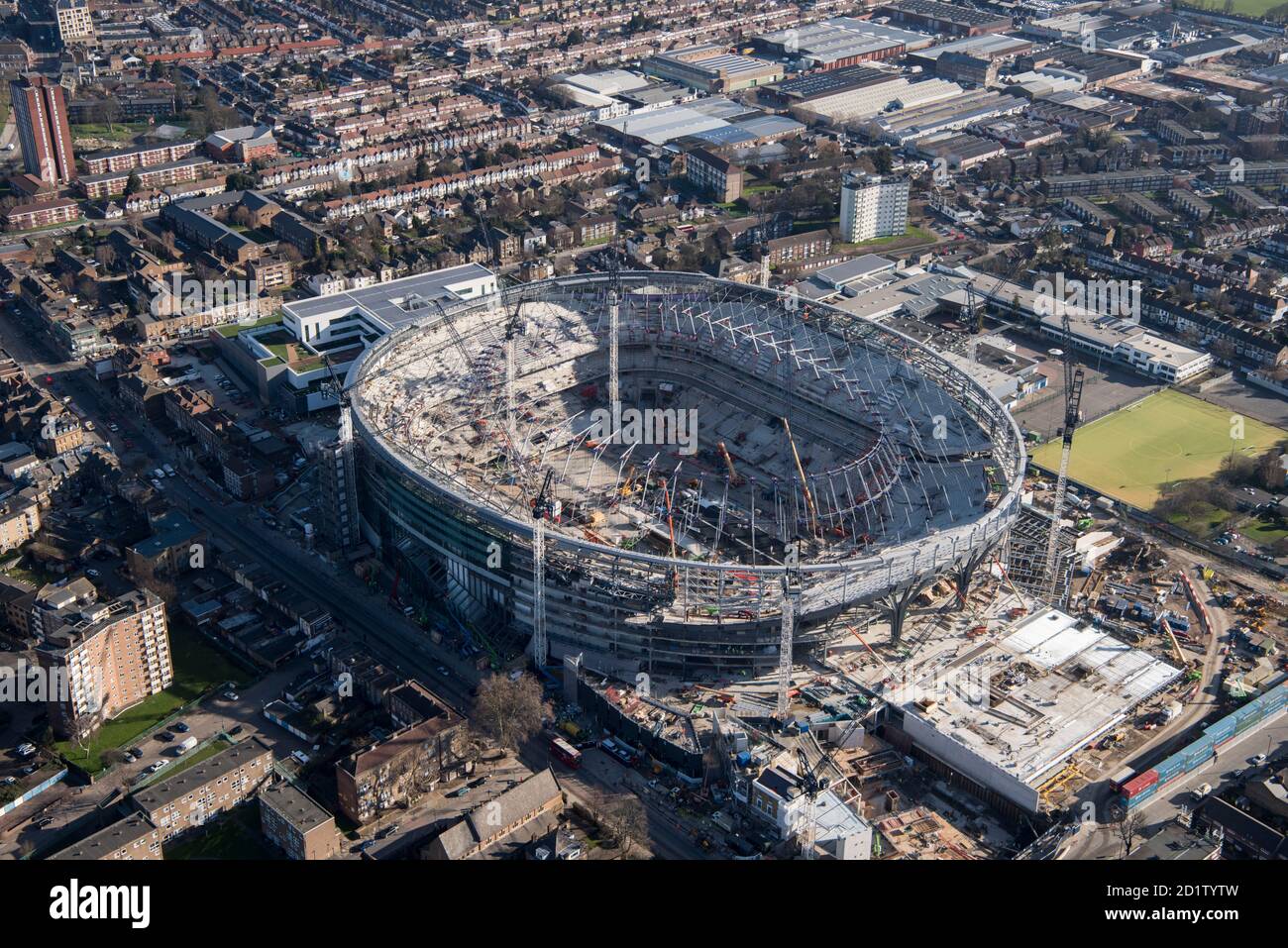 Construction of the new Tottenham Hotspur Football Club Stadium as part of the Northumberland Development Project, Tottenham, London, 2018, UK. Aerial view. Stock Photo