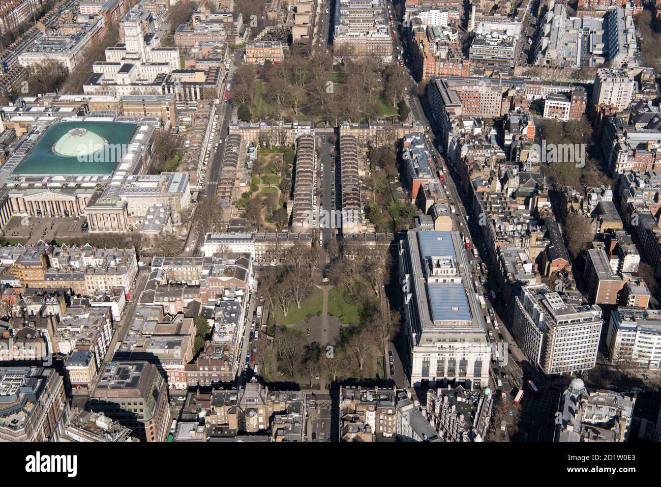 Bloomsbury Square Gardens and Russell Square Gardens, Bloomsbury, London, 2018, UK. Aerial view. Stock Photo