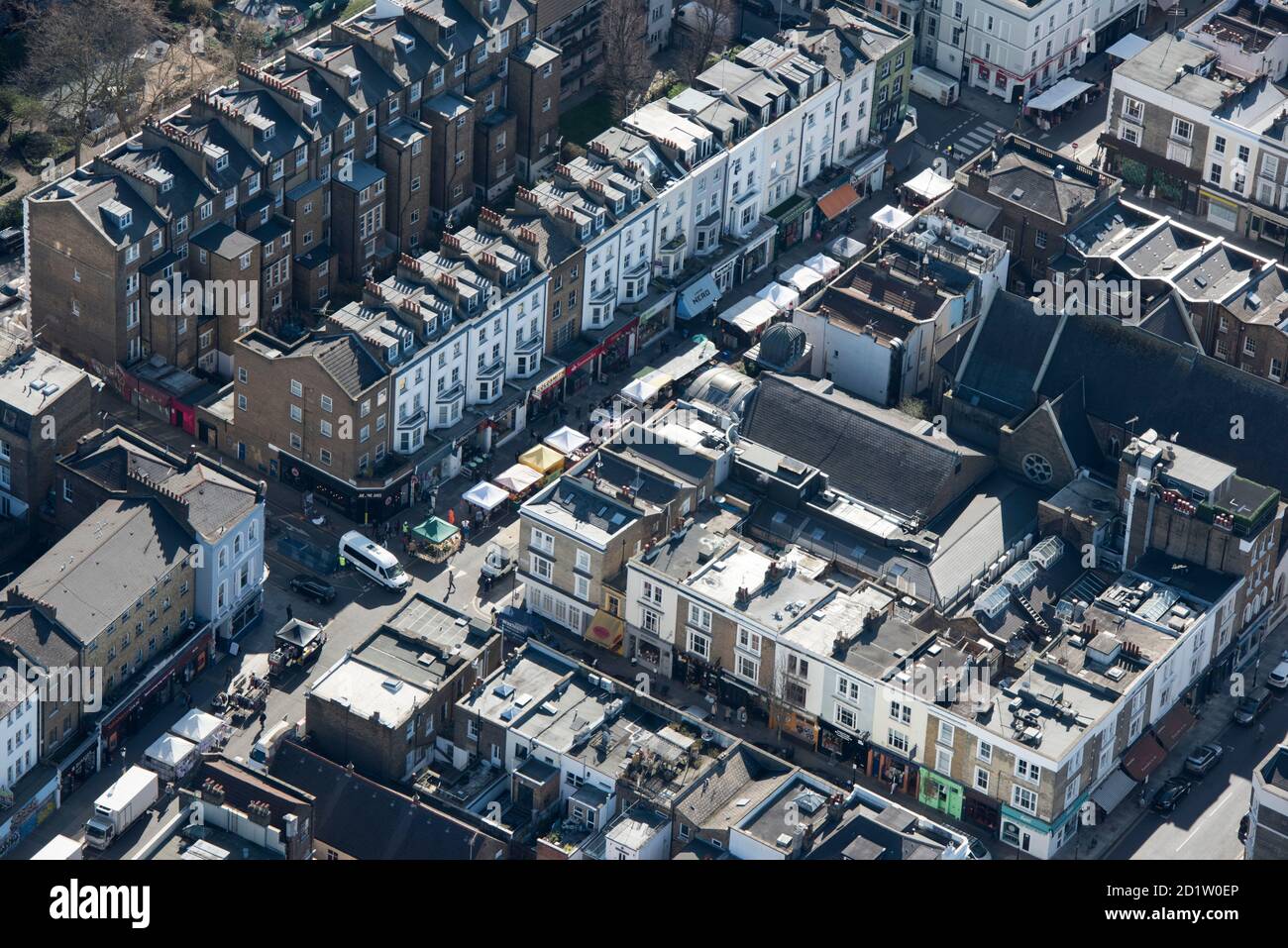 Portobello Road Street Market, Notting Hill, London, 2018, UK. Aerial view. Stock Photo