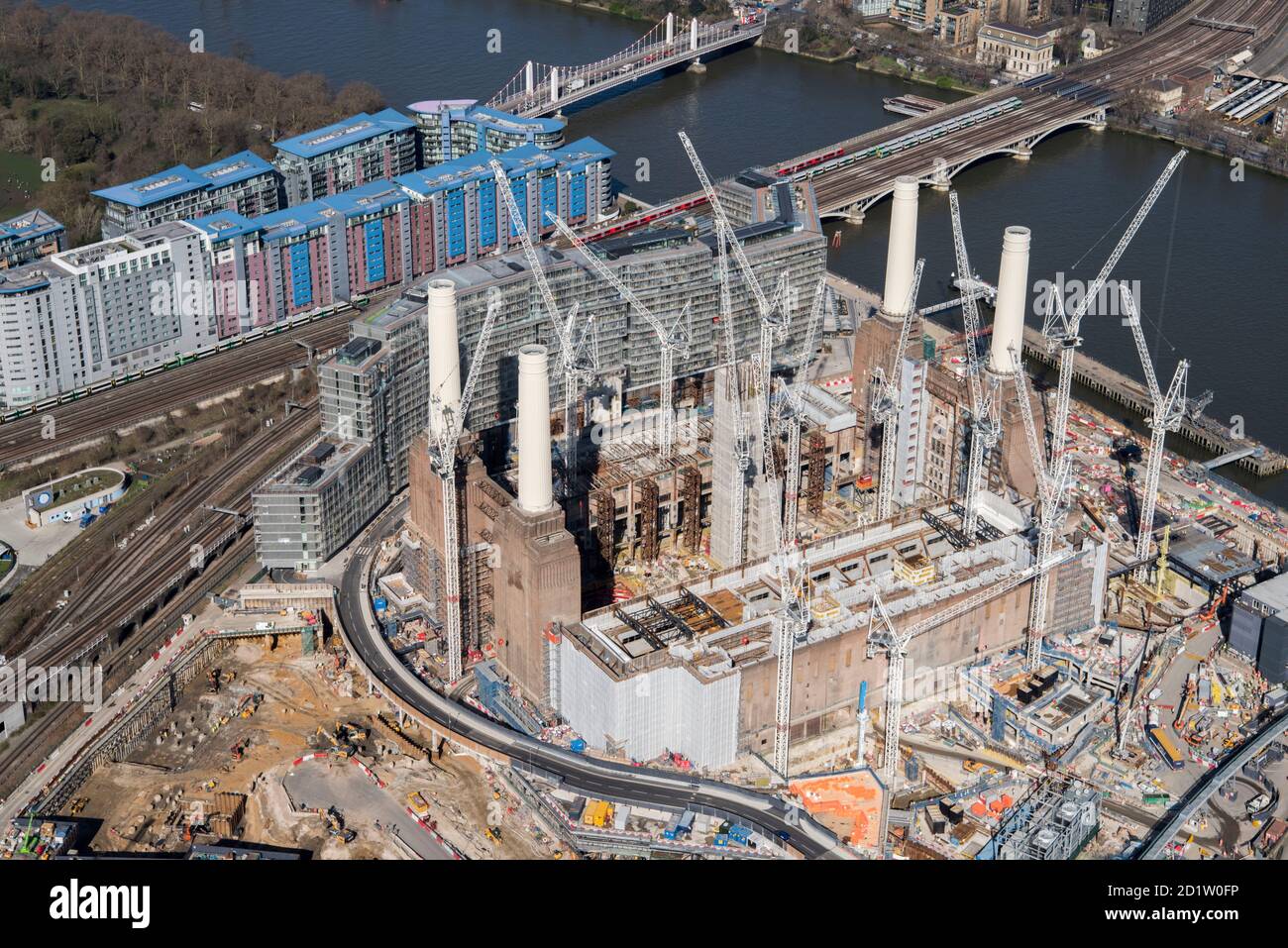 Renovation of Battersea Power Station as part of the Nine Elms Development, London, 2018, UK. Aerial view. Stock Photo