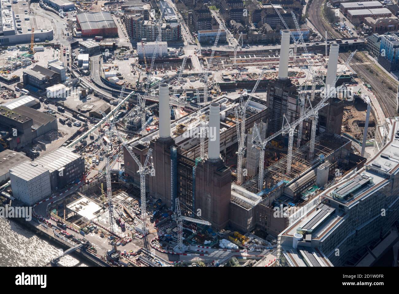 Renovation of Battersea Power Station as part of the Nine Elms Development, London, 2018, UK. Aerial view. Stock Photo