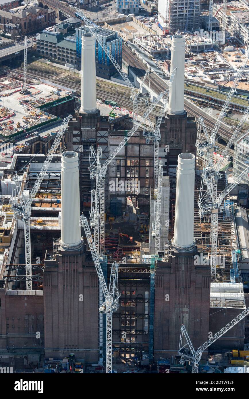 Renovation of Battersea Power Station as part of the Nine Elms Development, London, 2018, UK. Aerial view. Stock Photo