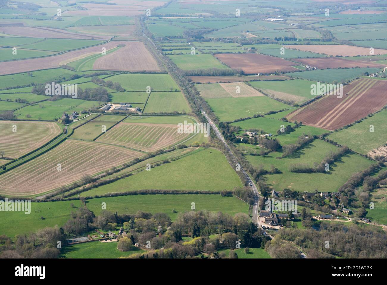 The Fosse Way Roman Road looking South West towards Cirencester, Gloucestershire, 2018, UK. Aerial view. Stock Photo