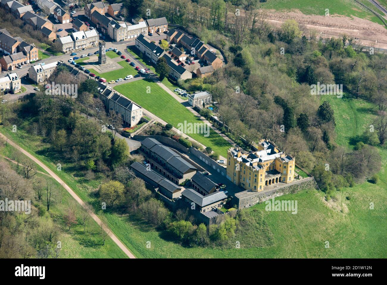 Former Dower House at Stoke Park, then became a Learning Disability Hospital from 1909 to 1988, converted into apartments in 2004 with New Housing in Hospital Grounds, Bristol, 2018, UK. Aerial view. Stock Photo