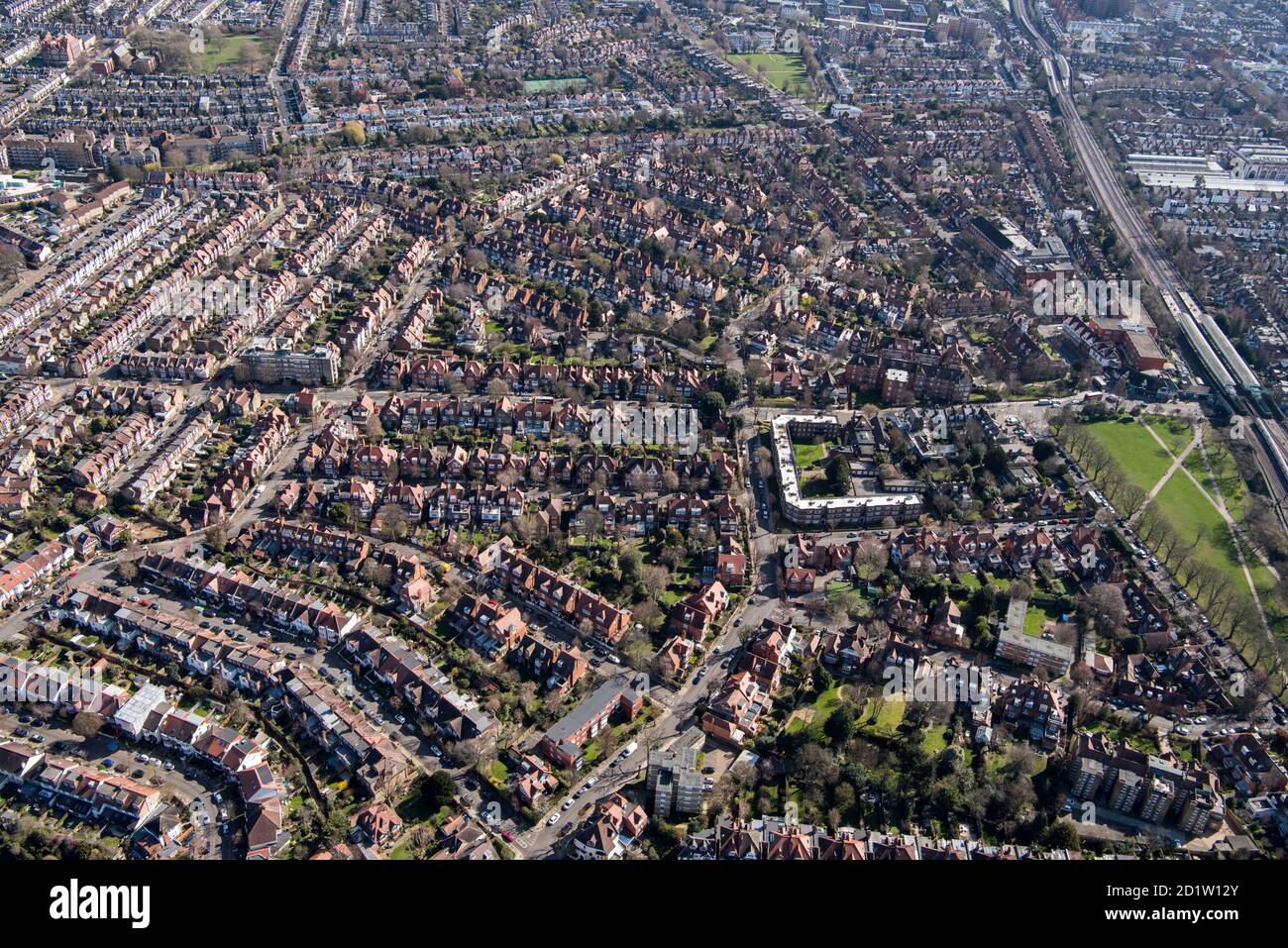Bedford Park, considered a protype for later garden suburbs and cities, London, 2018, UK. Aerial