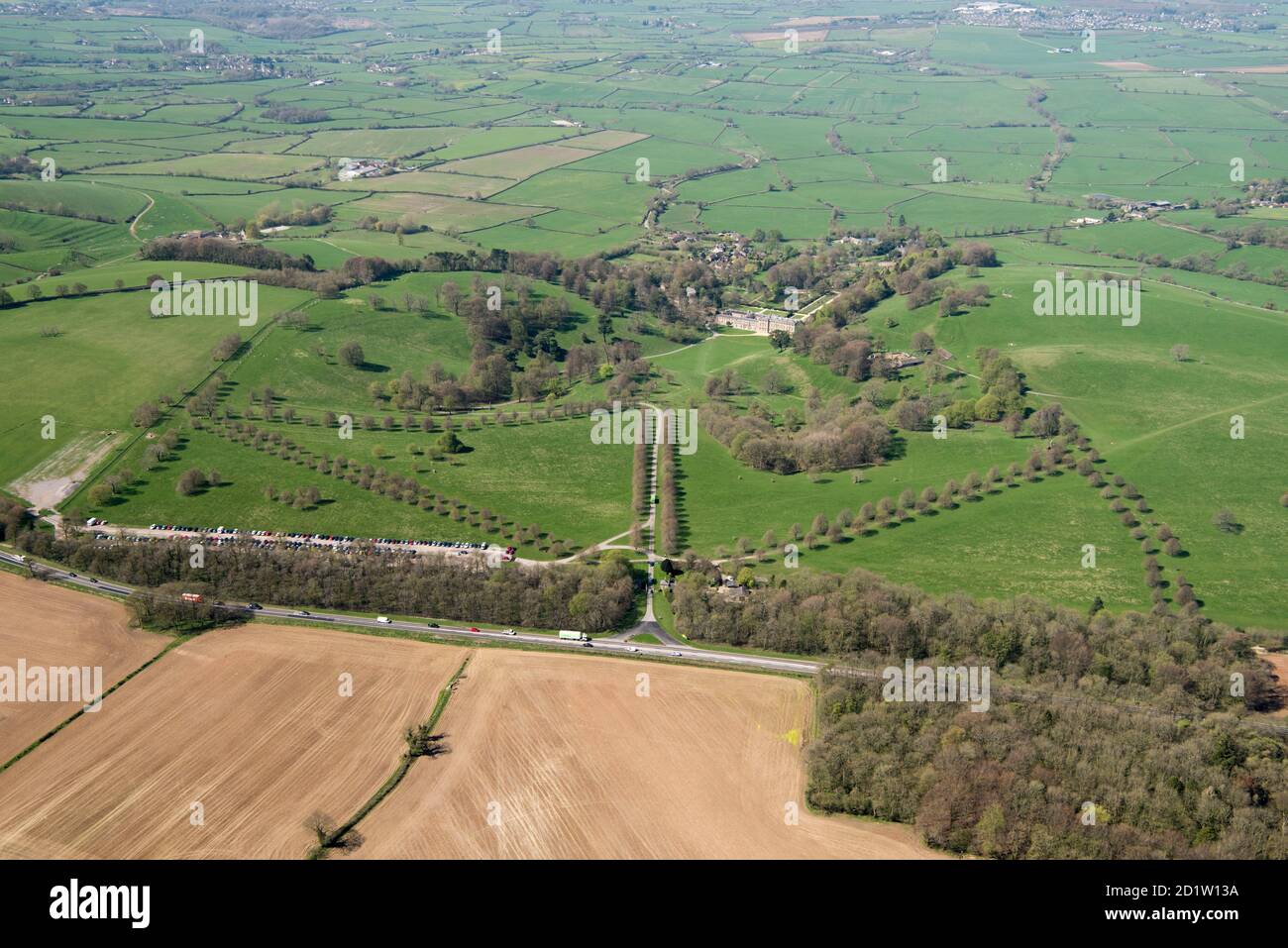 Dyrham Park Estate, Landscape Park, Tree Avenue, Dyrham, South Gloucestershire, 2018, UK. Aerial view. Stock Photo