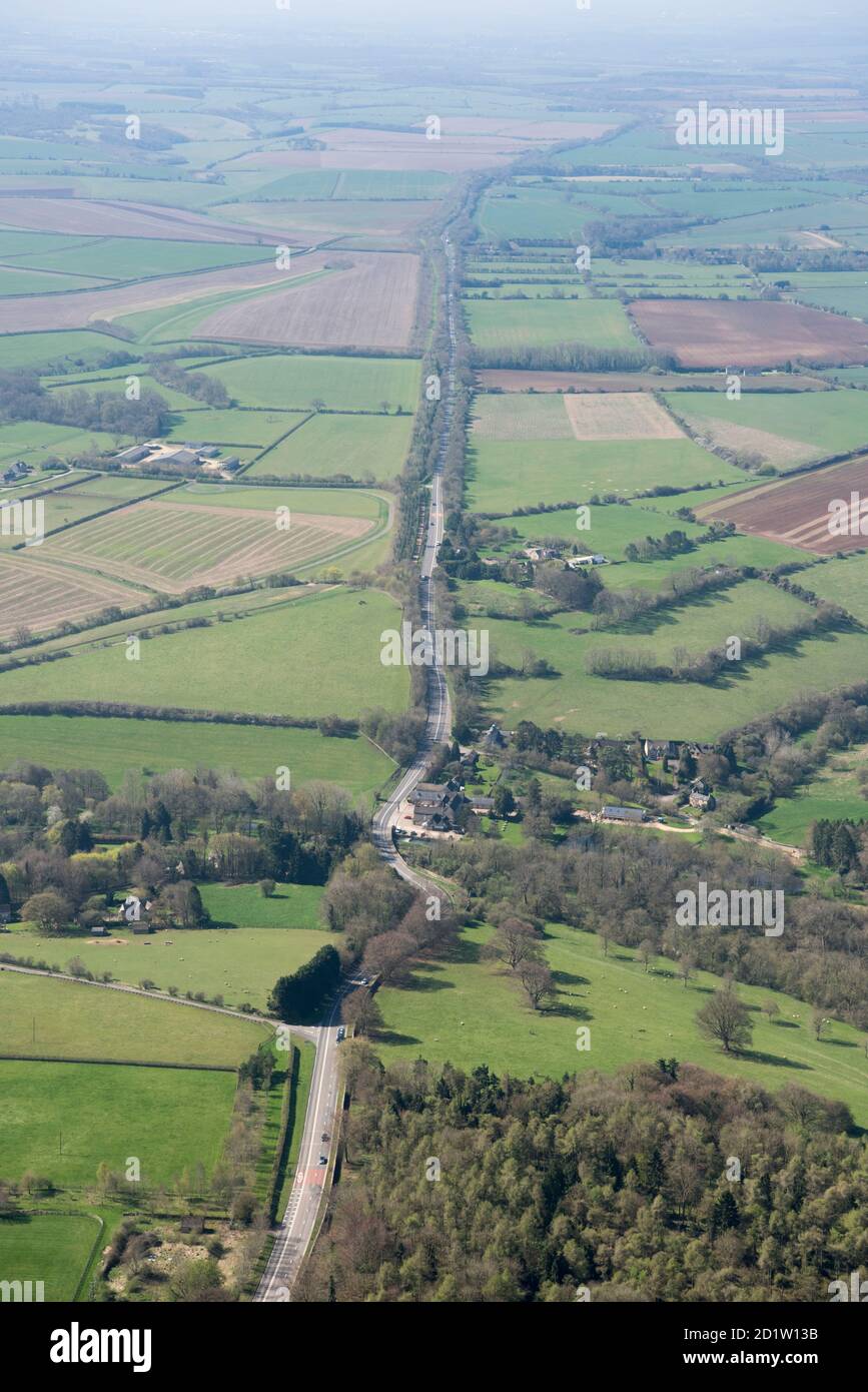 The Fosse Way Roman Road looking South West towards Cirencester, Gloucestershire, 2018, UK. Aerial view. Stock Photo