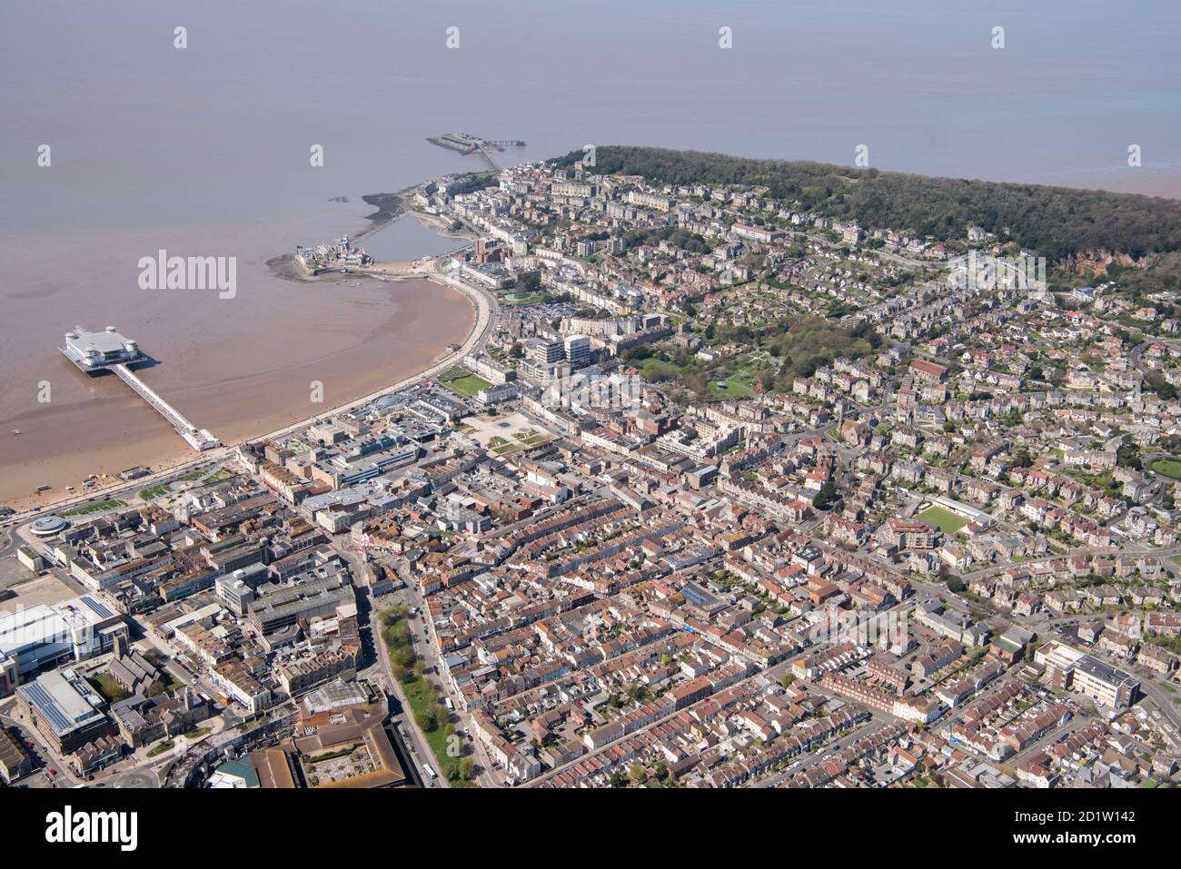 The Seaside Town and Pleasure Pier, Weston-Super-Mare, North Somerset, 2018, UK. Aerial view. Stock Photo