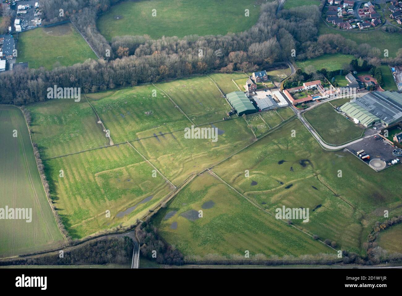 Stainsby medieval village and open field system, Middlesborough and Stockton-on-Tees, UK. Aerial view. Stock Photo