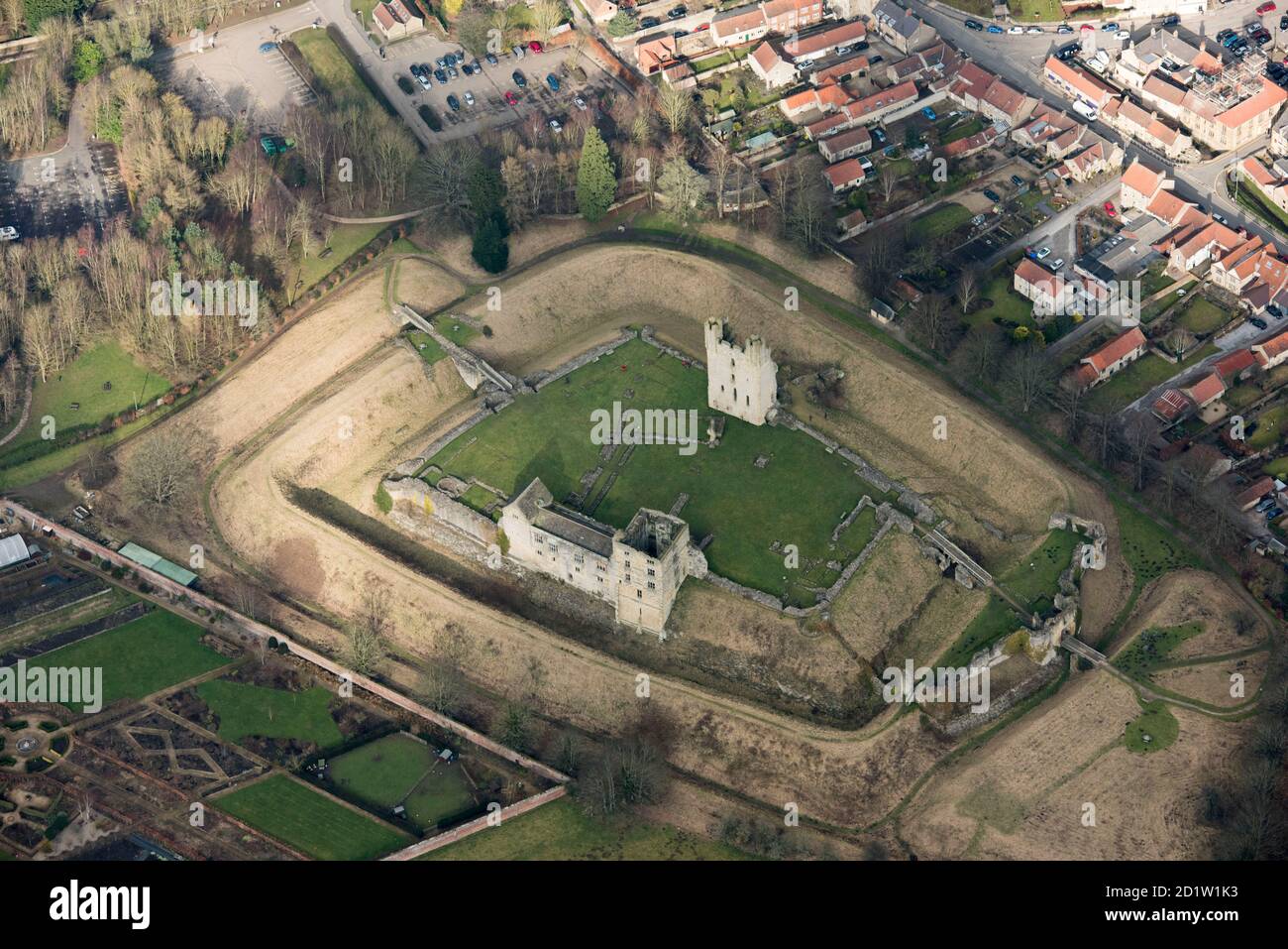 Helmsley Castle, North Yorkshire, UK. Aerial view. Stock Photo