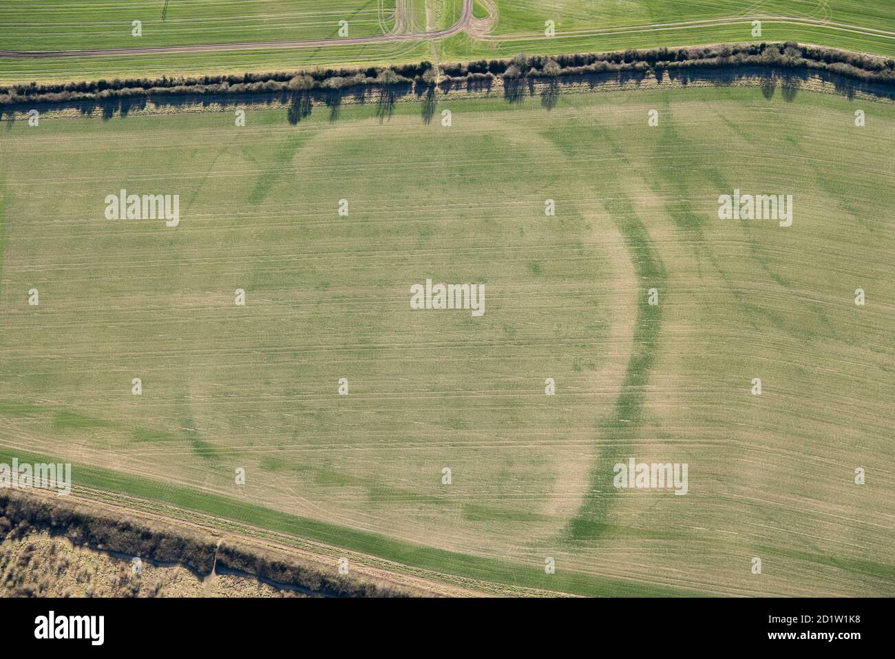 Woodbury Iron Age univallate hillfort crop mark, Salisbury, Wiltshire, UK. Aerial view. Stock Photo