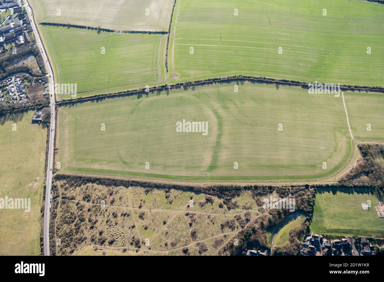 Woodbury Iron Age univallate hillfort crop mark, Salisbury, Wiltshire, UK. Aerial view. Stock Photo