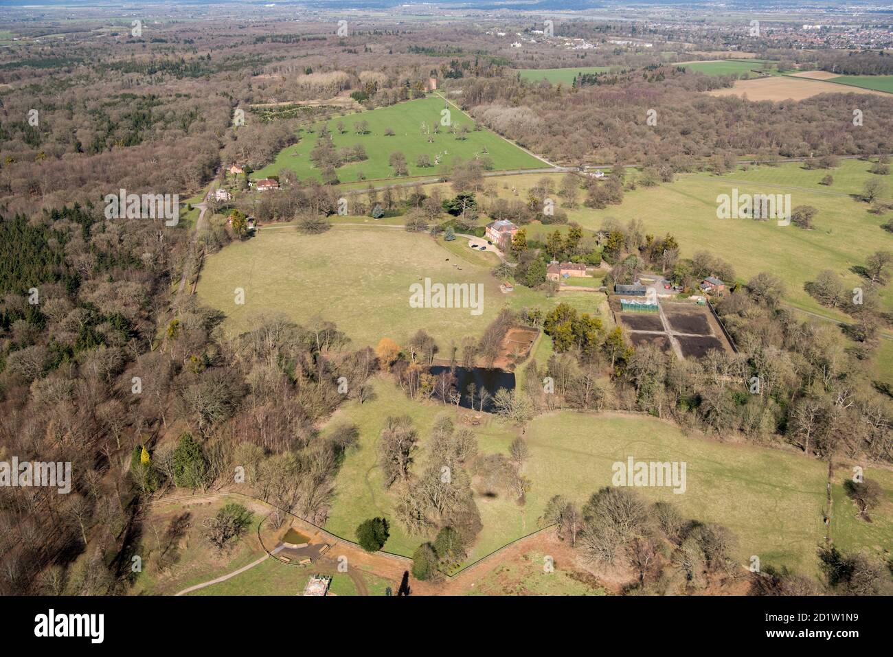 Park around Forest Lodge, Windsor Great Park, Berkshire, UK. Aerial view. Stock Photo