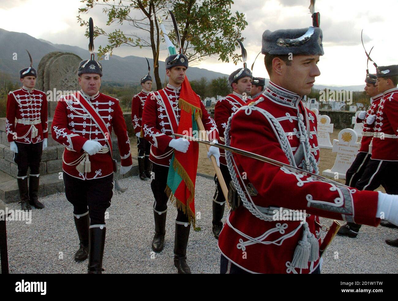 A Bulgarian honor guard march in the Bulgarian military's World War One cemetery near the village of Novo Selo, 200km (125 miles) southeast  of Skopje November 4, 2006. REUTERS Ognen Teofilovski (MACEDONIA) Stock Photo