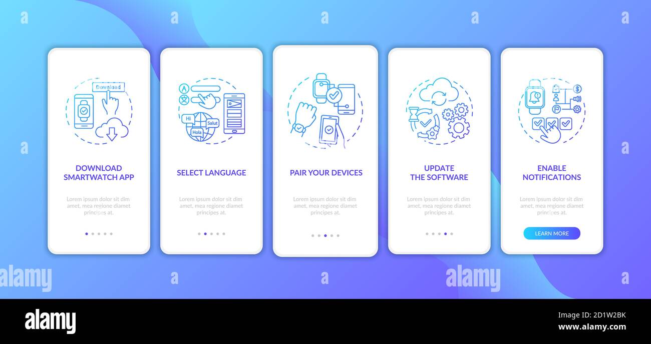 Smartwatch installation tips onboarding mobile app page screen with concepts Stock Vector